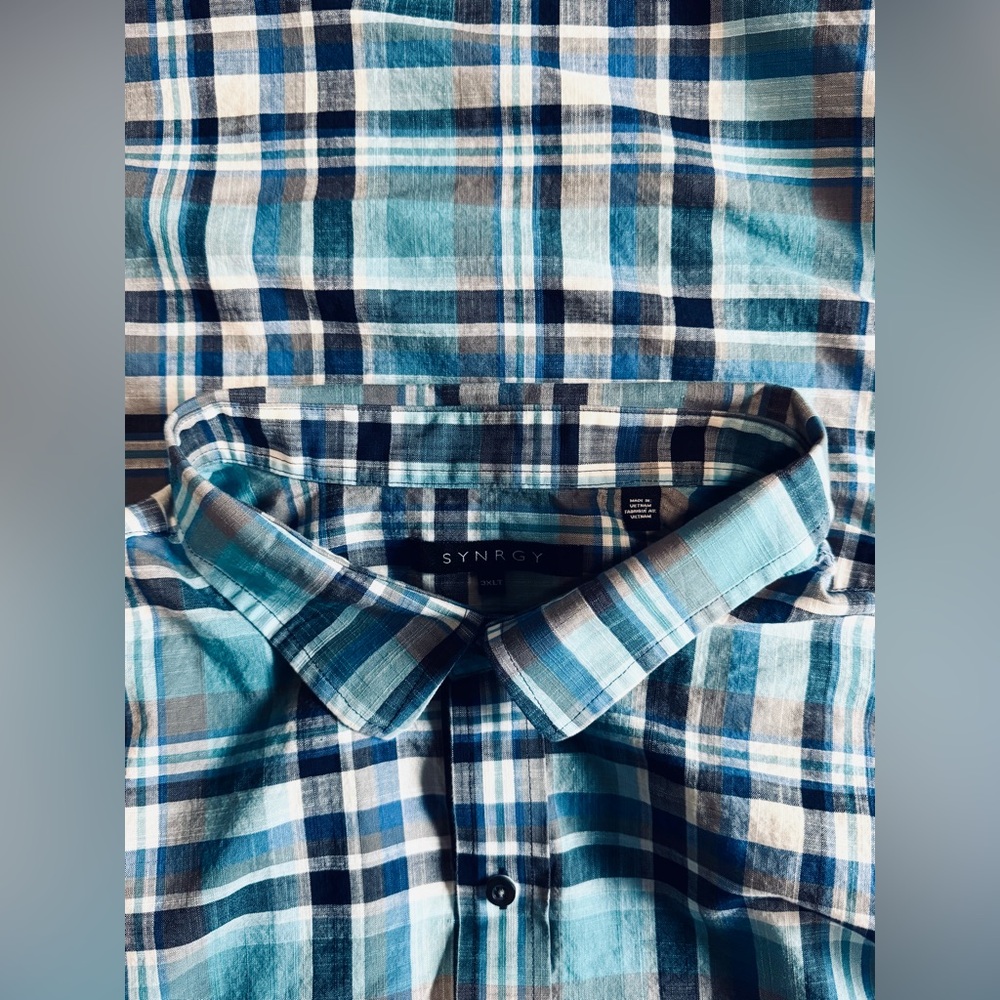 Synrgy Men's Plaid (Blue) Short Sleeve ButtonUp (3XLT)